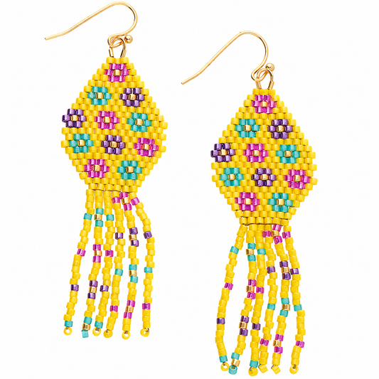 Colorful beaded earrings with yellow base on a white background