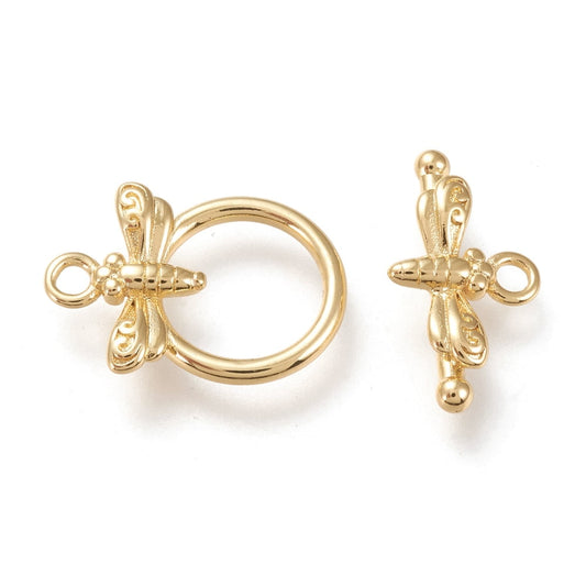 18k Gold Plated Small Round Toggle with dragonfly detail