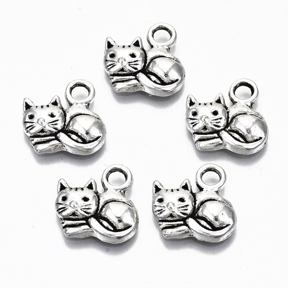 Antique Silver Cute Cat Charms 14mm - Pack of 5