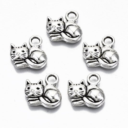 Antique Silver Cute Cat Charms 14mm - Pack of 5