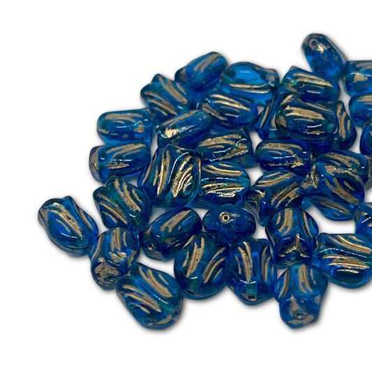 9x7mm Small Vintage Tulip Bead - Capri Blue Gold Wash - Pack of 10