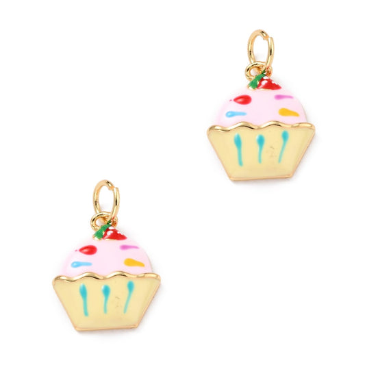 Handpainted 18k Gold Plated Enamel Cup Cake Charm 14.5x12mm - Pack of 2
