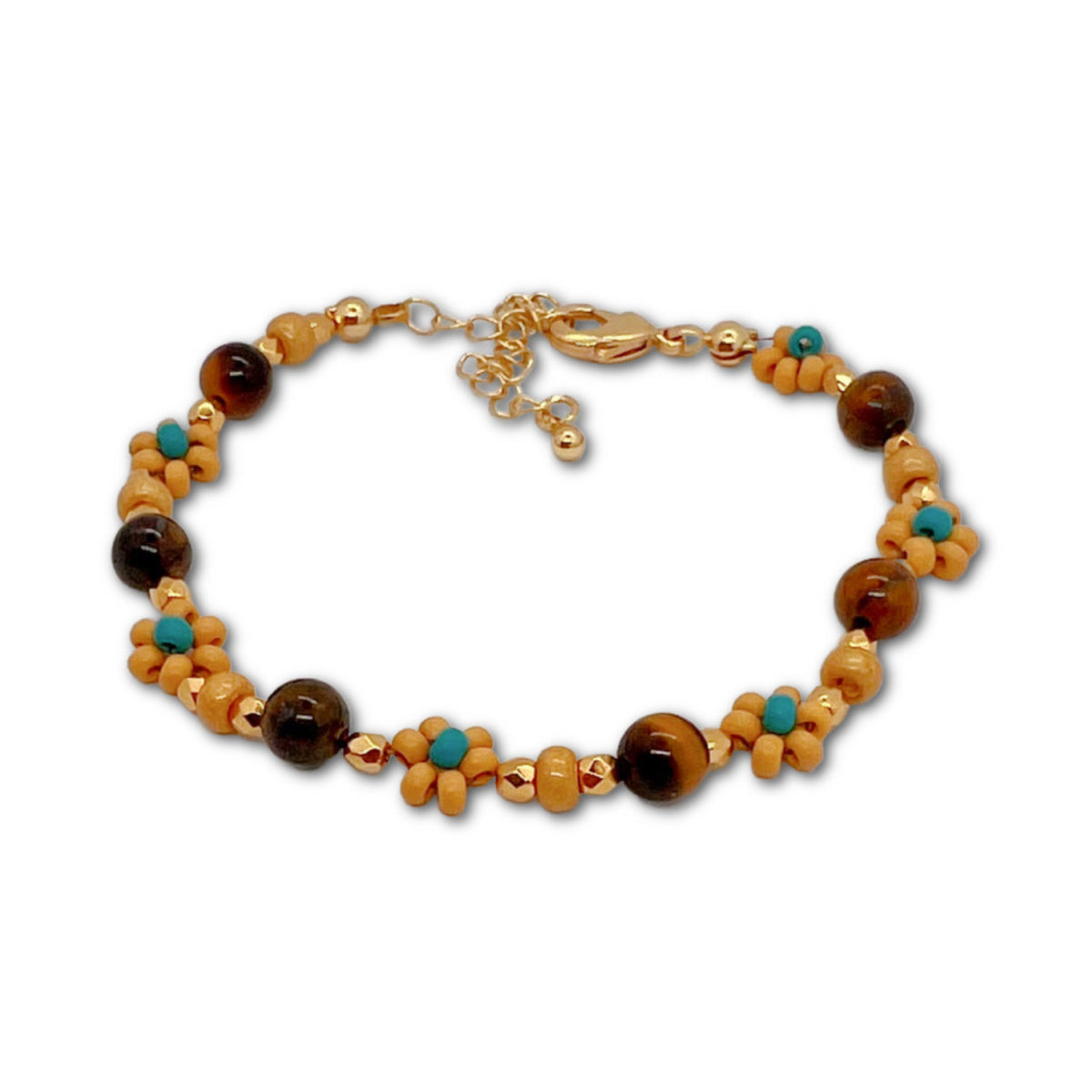 Tiger’s Eye and 24k Gold Plated Daisy Motif Bracelet Kit – Perfect for Beginners