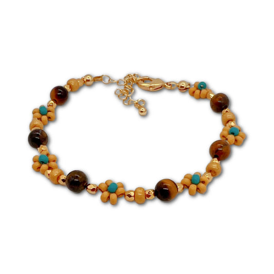 Tiger’s Eye and 24k Gold Plated Daisy Motif Bracelet Kit – Perfect for Beginners