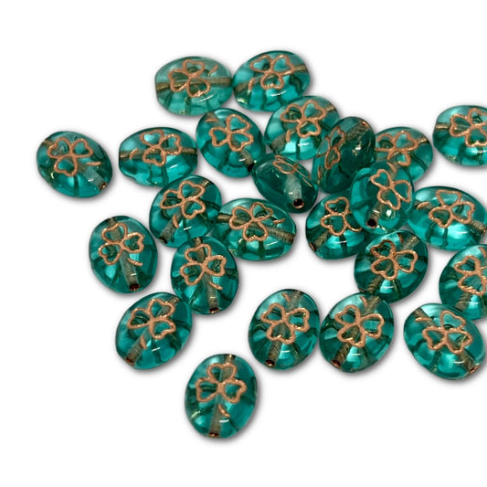 10x8mm Czech Glass Shamrock Bead - Emerald Gold Wash - Pack of 5