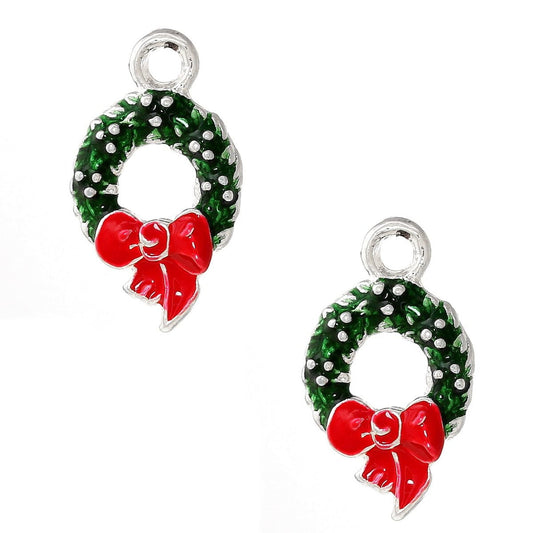 Silver Plated Enamel Wreath Charm 24x14mm - Pack of 2