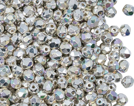 3mm Czech Fire Polish – 31000/28701 – Fine Silver Plated AB x 100