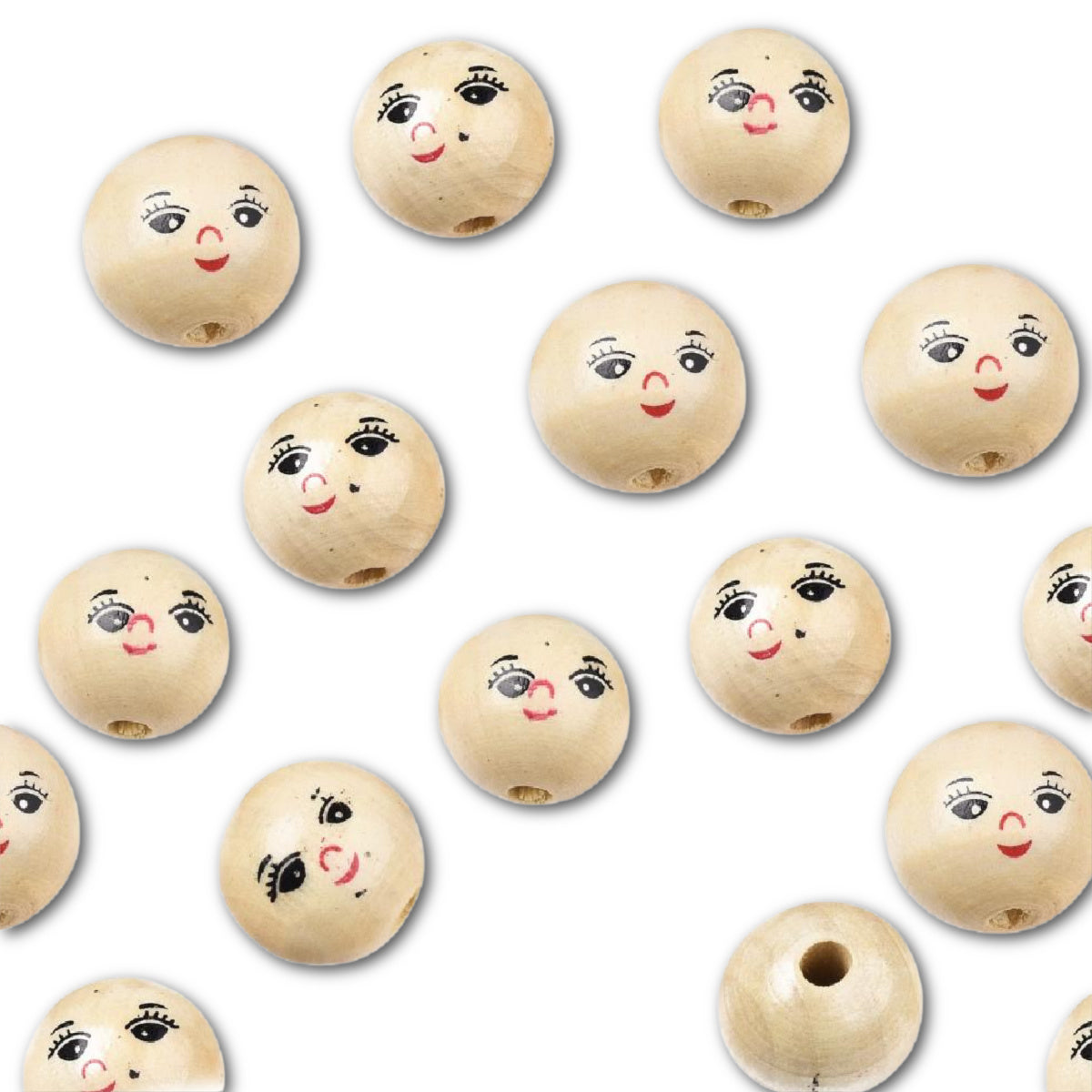 Mixed Pack of 13mm Wooden 'Face" Beads - Pack of 10 Beads