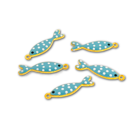 Gold Plated Enamel Spotty Fish Charms 26x8mm - Pack of 2 - Turquoise