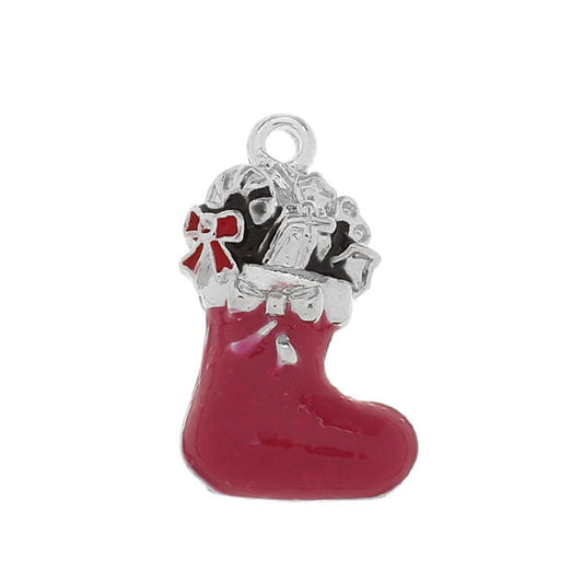 Silver Enamel Stocking Charm with Gifts 23x16mm
